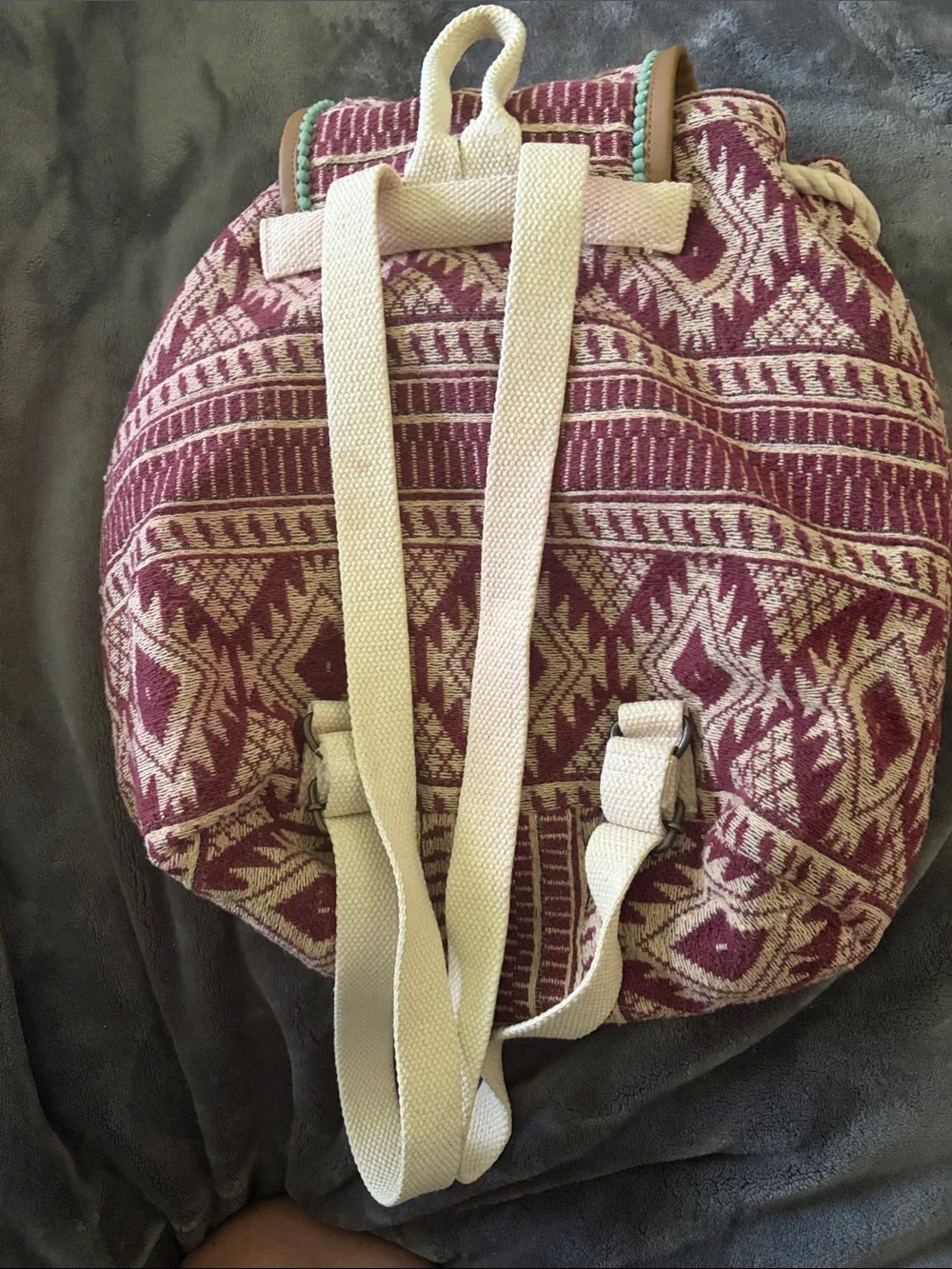 EARTHBOUND Burgundy and Cream Aztec Drawstring Backpack with Teal Trim